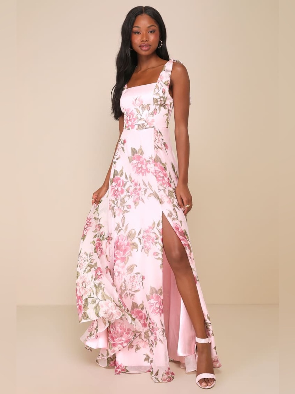 Love Me Forever Pink Floral Tie-Strap Square Neck Maxi Dress Medium